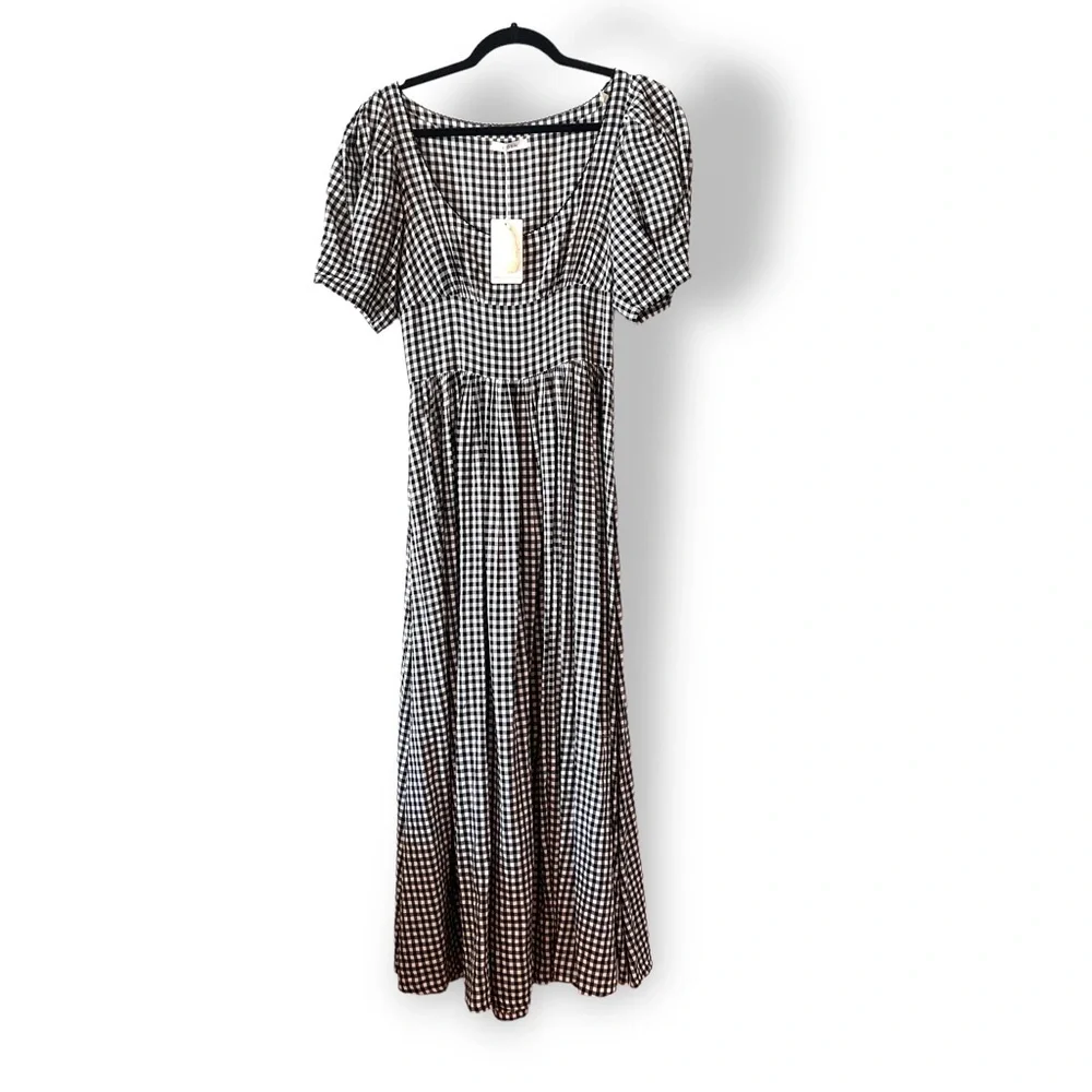 NWT DOEN Kennedy Gingham Maxi Dress Boho Puff Sleeve Black & White Size Small - Picture 2 of 16